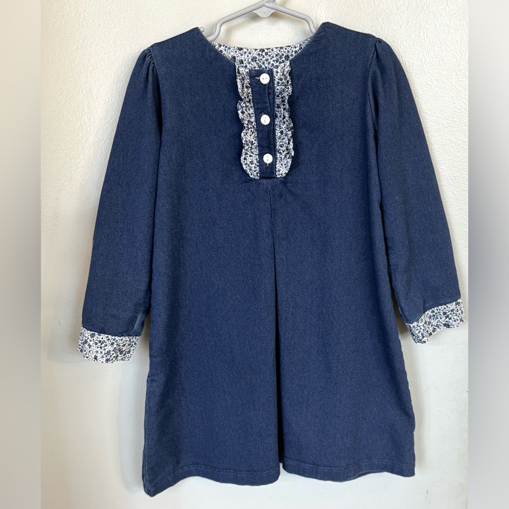 Dondolo Dress 6 S Blue Denim Floral Ruffle Girl’s Classic A-Line Long Sleeves